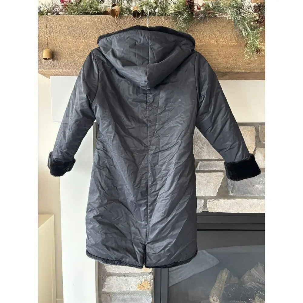 The Children's Place Jacket Girls L 10/12 Black Fur Nylon Hooded Reversible City